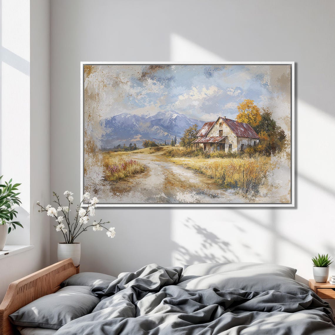 Weathered Farmhouse with Red Tin Roof in Autumn Valley Poster - Image 2