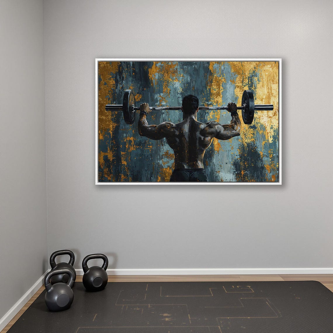Bodybuilder Back View Lifting Barbell Dark And Gold Texture Poster - Image 4