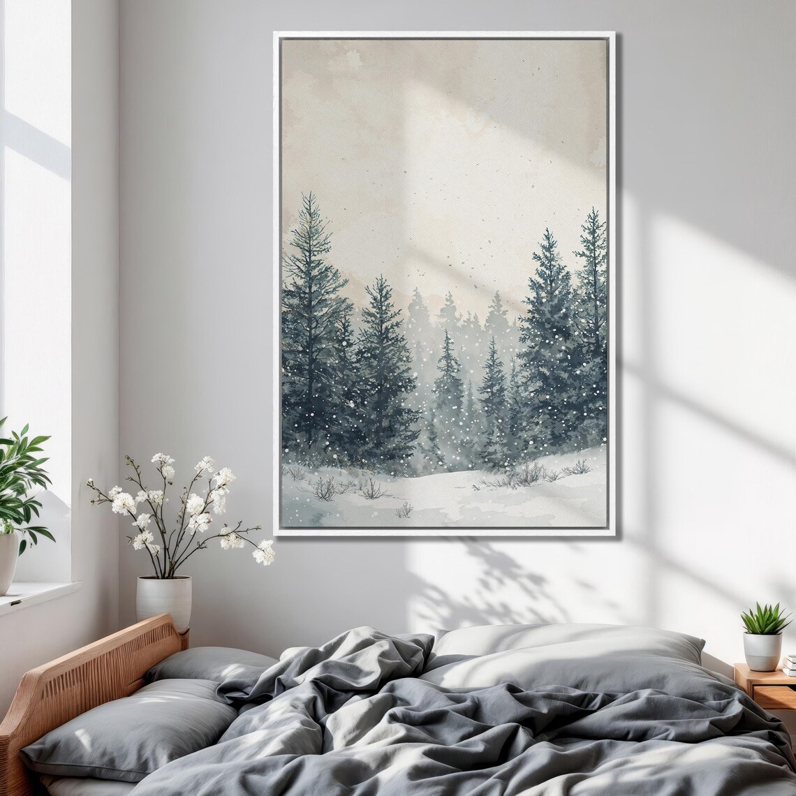 Snowy Pine Forest Fading in Soft Winter Fog Watercolor Print - Image 2