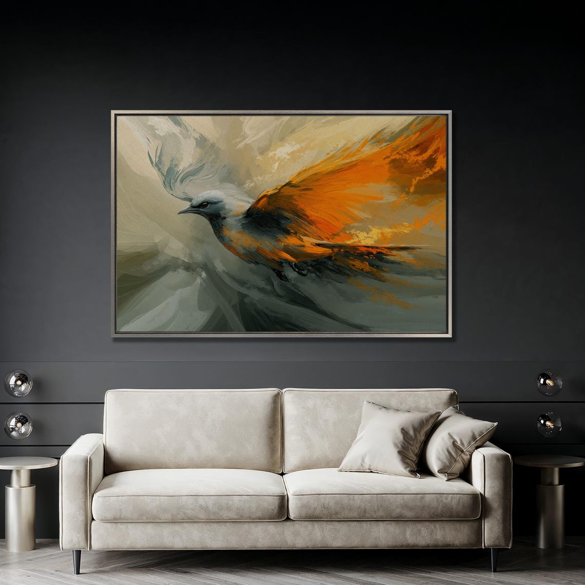 Bird In Flight With Orange And Gray Feathers Abstract Painting Poster - Image 2