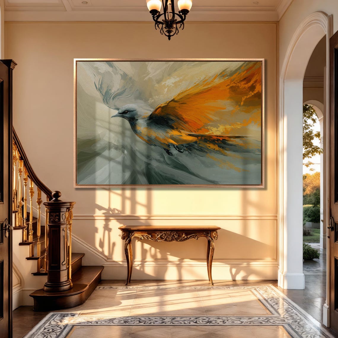 Bird In Flight With Orange And Gray Feathers Abstract Painting Poster - Image 3