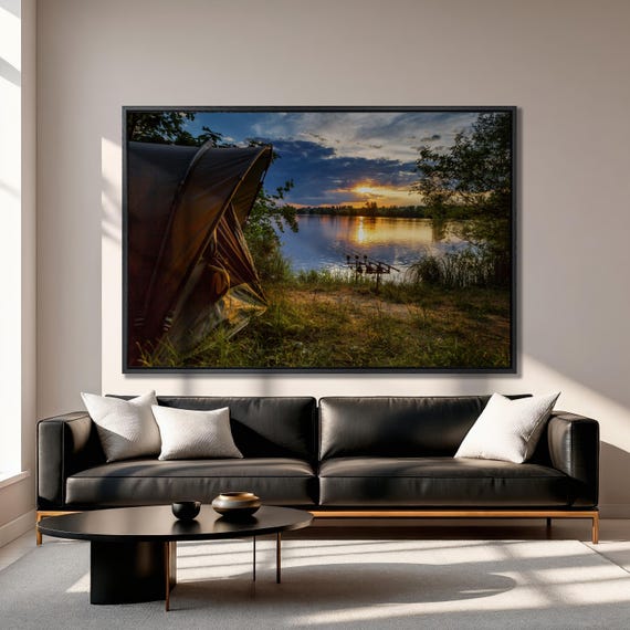 Carp Fishing Canvas Art Lakeside Sunset Fisherman Wall Decor