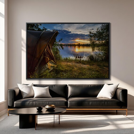 Carp Fishing Lakeside Golden Sunset Angler Tent Camp Scene Poster