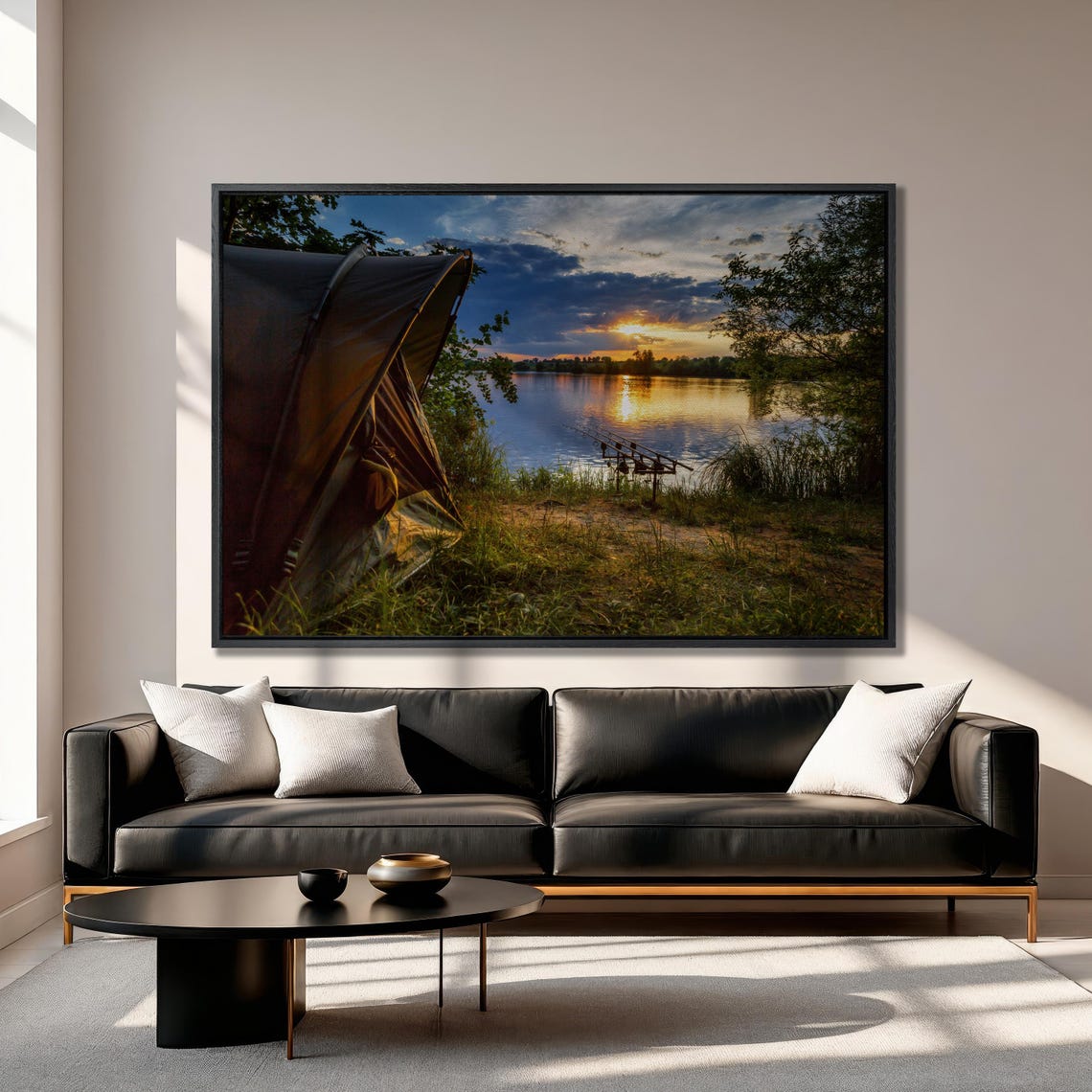 Carp Fishing Canvas Art Lakeside Sunset Fisherman Wall Decor