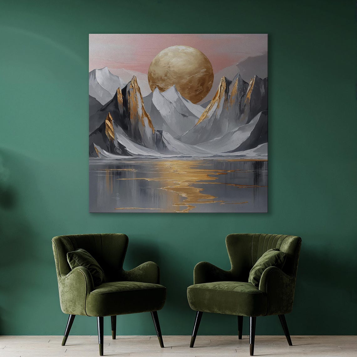 Abstract Snowy Mountain Peaks Wall Art Golden Sun Reflection Painting Print Modern Wall Decor Nature Landscape Poster Ready To Hang - Image 2
