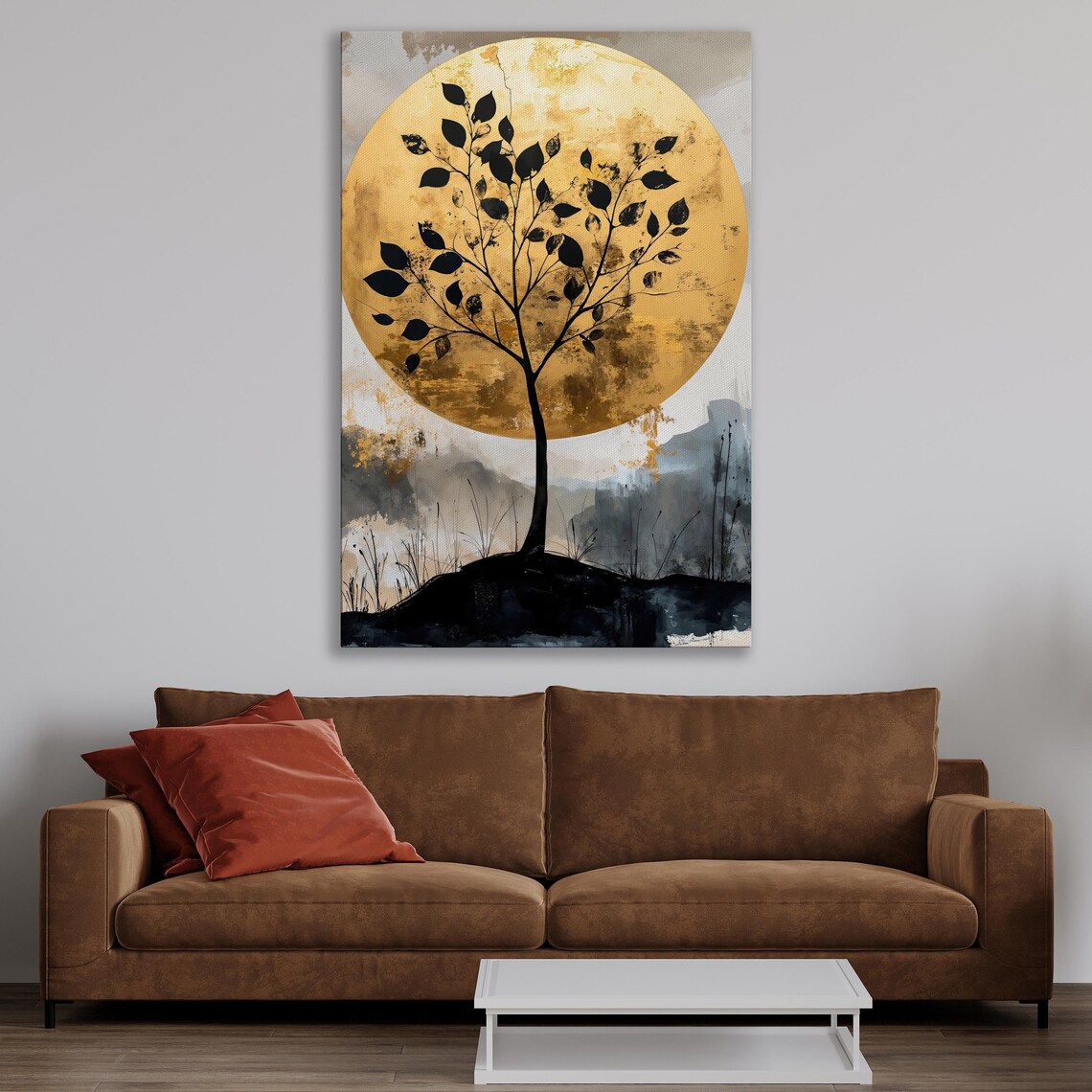 Tree Silhouette Against Golden Moon Wall Art Abstract Nature Painting Print Luxury Wall Decor Modern Landscape Poster Ready To Hang - Image 3