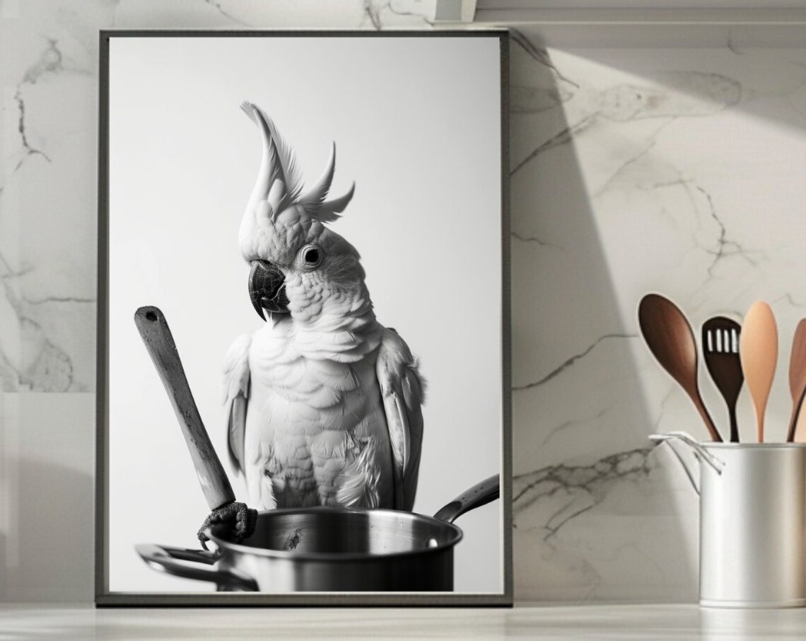 Funny White Cockatoo Cooking with a Wooden Spoon and Pot Poster