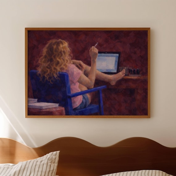 Woman With Laptop Smoking Oil Painting Modern Figurative Red Room Art Print