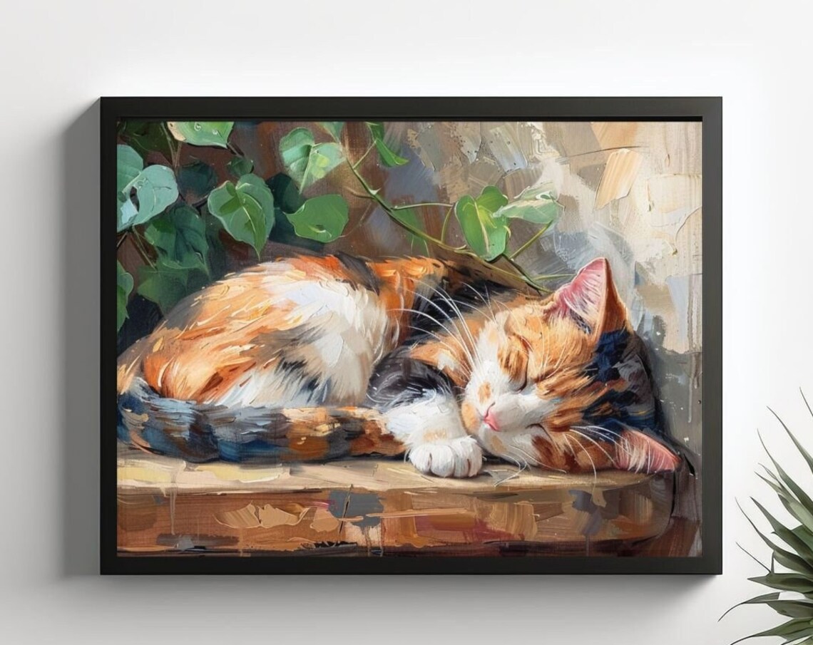 Sleeping Calico Cat Art Print, Cat Wall Decor