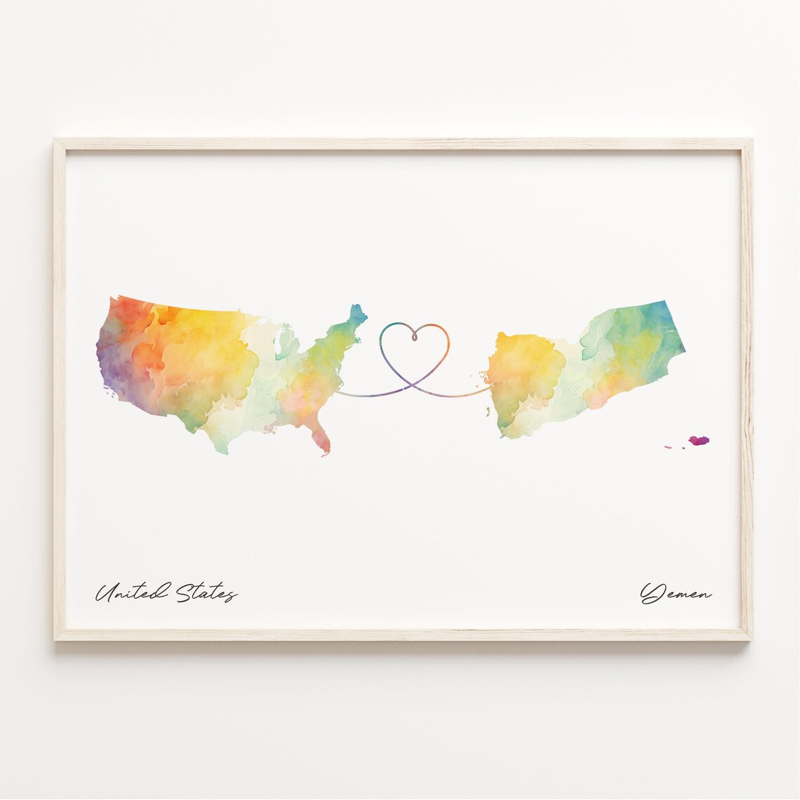 United States To Yemen Watercolor Map Wall Poster With Heart Love Gift