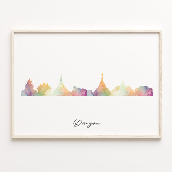 Yangon Myanmar Colorful Watercolor Skyline Cityscape Art Poster