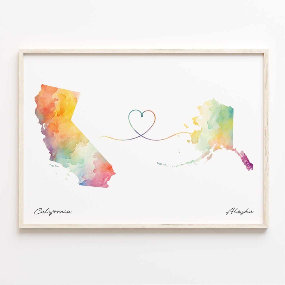 California To Alaska Watercolor State Map Heart Connection Gift Poster