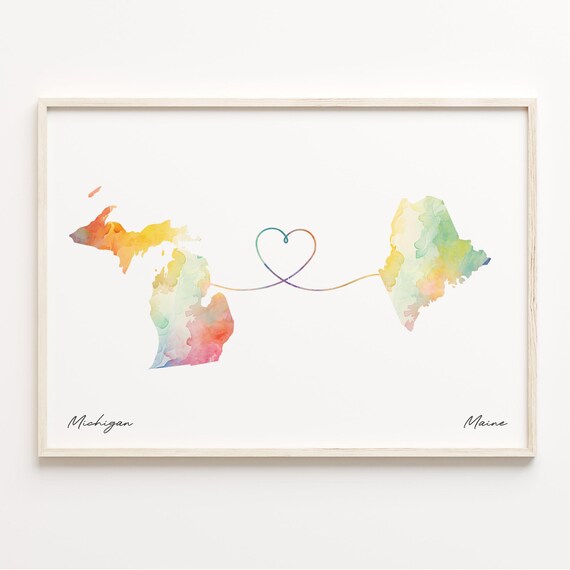 Michigan To Maine Watercolor Map Long Distance Love Heart Print