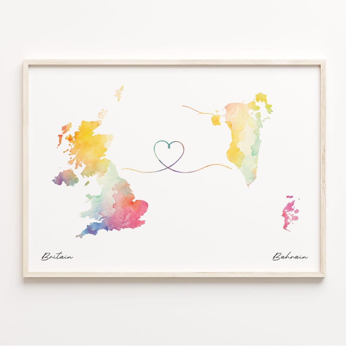 UK to Bahrain Watercolor Heart Connection Long Distance Gift Poster