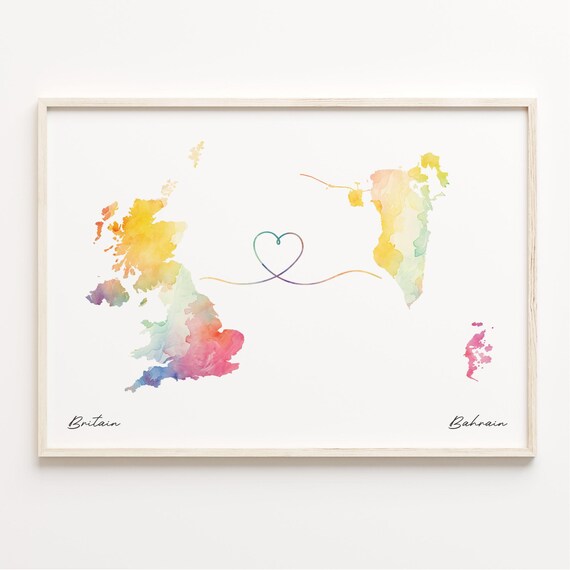 UK to Bahrain Watercolor Heart Connection Long Distance Gift Poster