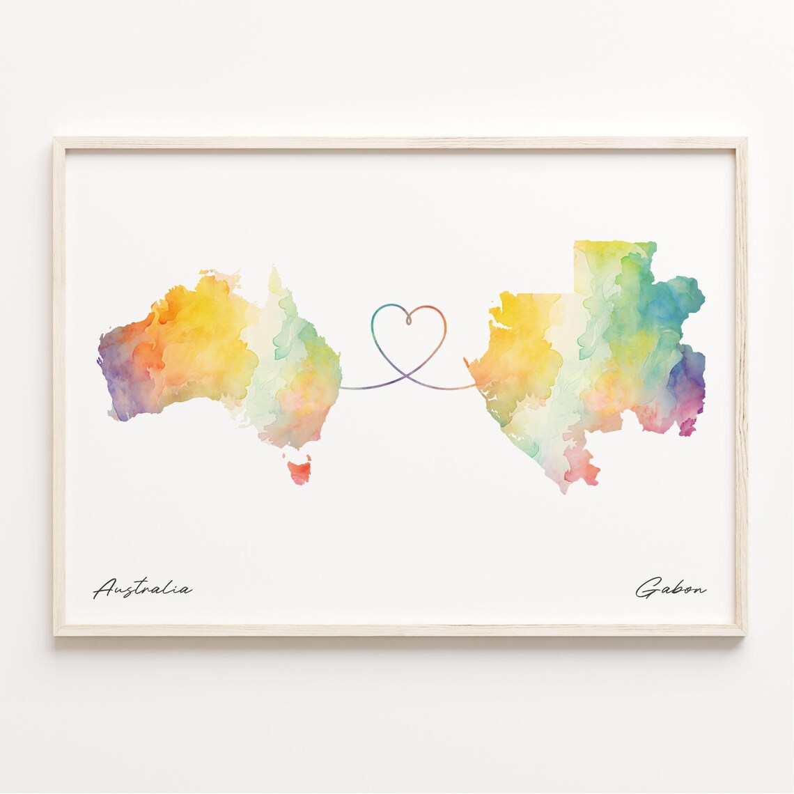 Australia to Gabon Long Distance Watercolor Heart Map Art Print