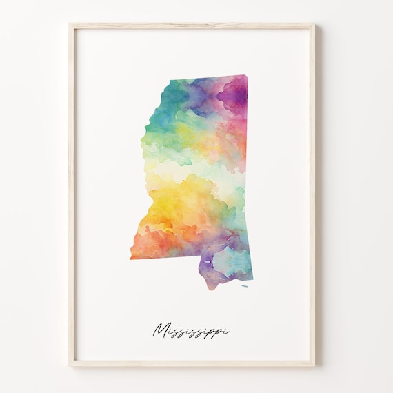 Mississippi Watercolor Map Rainbow State Silhouette Geography Poster