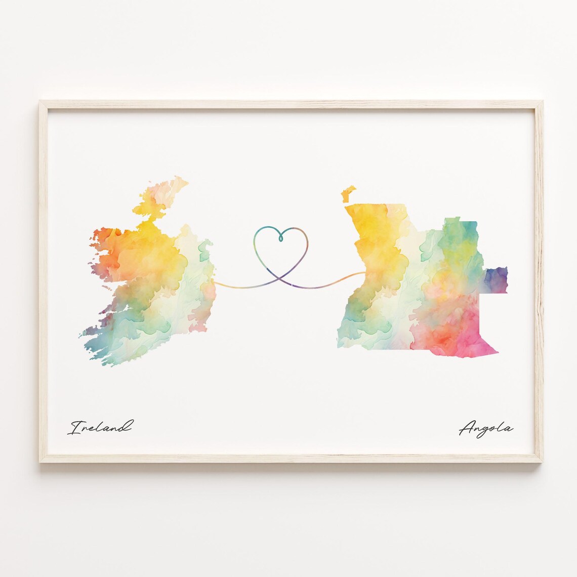 Ireland To Angola Watercolor Country Maps Heart Connection Line Wall Art