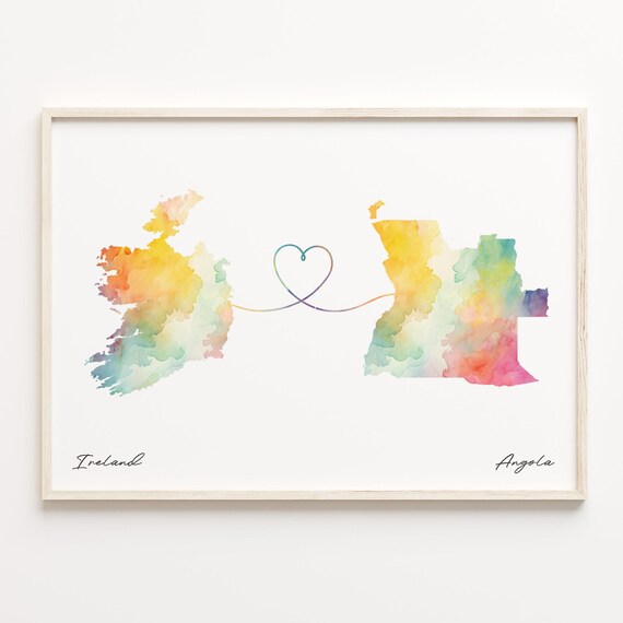 Ireland To Angola Watercolor Country Maps Heart Connection Line Wall Art