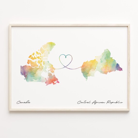 Canada and Central African Republic Watercolor Heart Map Poster