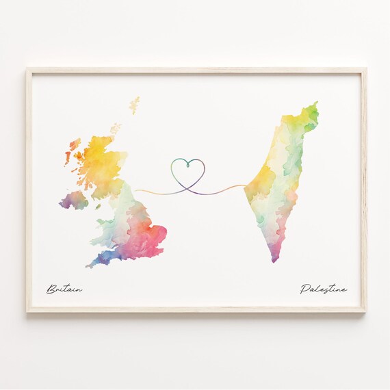 Britain To Palestine Watercolor Map Heart Line Connection Art Poster