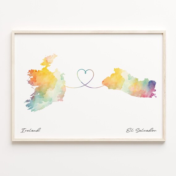 Ireland To El Salvador Watercolor Countries Heart Map Connection Art Print