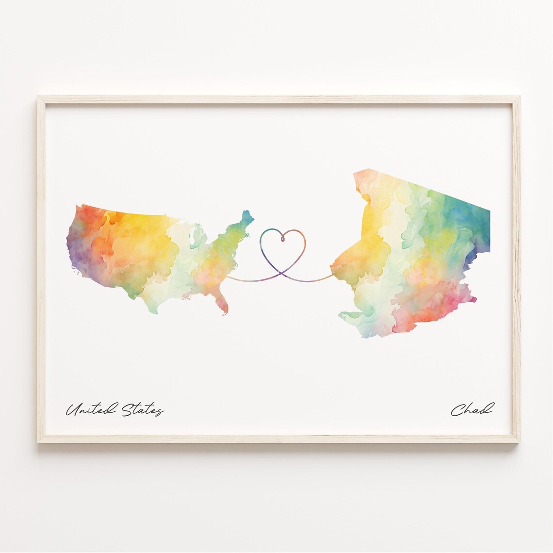 United States To Chad Watercolor Heart Map Long Distance Love Poster