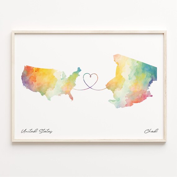 United States To Chad Watercolor Heart Map Long Distance Love Poster
