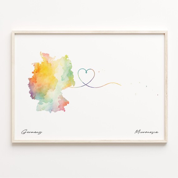 Germany to Micronesia Watercolor Heart Map Long Distance Poster