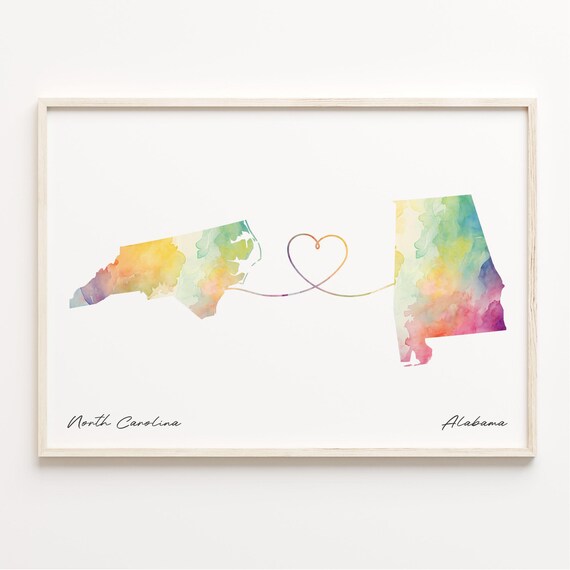 North Carolina to Alabama Watercolor Map Heart Moving Gift Print
