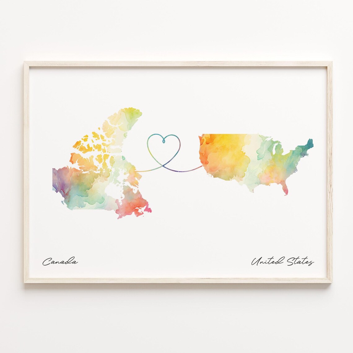 Canada to United States Watercolor Map Art Print