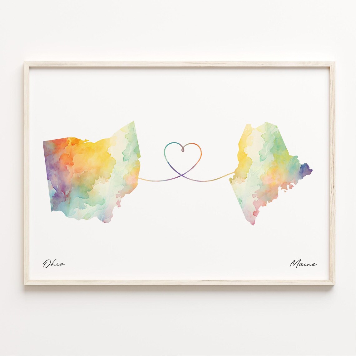 Ohio To Maine Watercolor Map Heart Long Distance Gift Poster