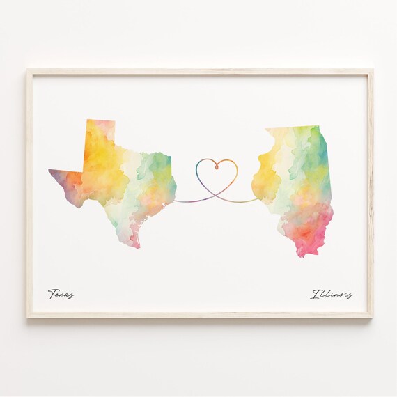 Texas to Illinois Watercolor Map Heart Print Long Distance Love