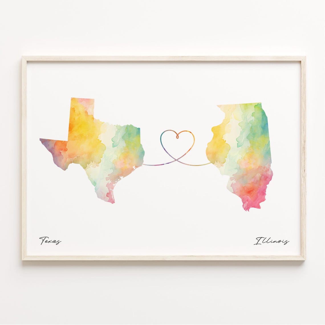 Texas to Illinois Watercolor Map Heart Print Long Distance Love