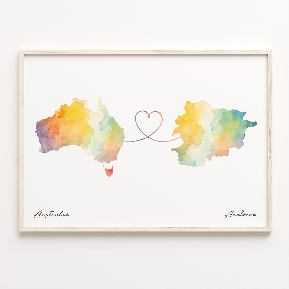 Australia to Andorra Watercolor Map Heart Connection Art Print