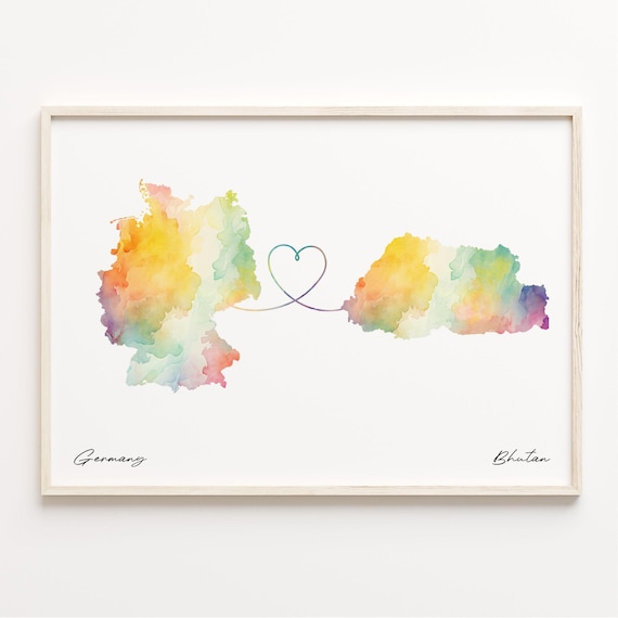 Germany Bhutan Watercolor Map Heart Long Distance Love Poster