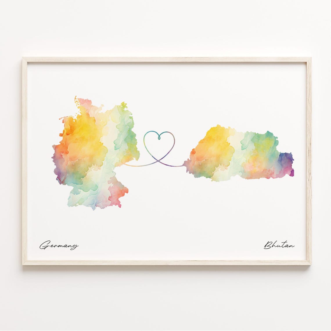 Germany Bhutan Watercolor Map Heart Long Distance Love Poster