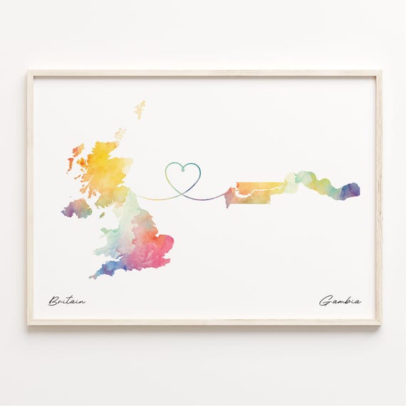 UK to Gambia Watercolor Map Art Print