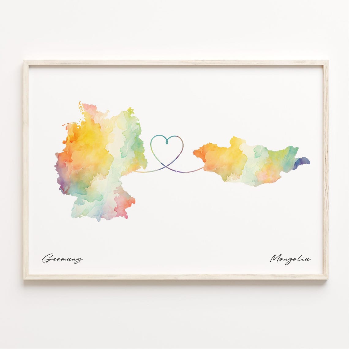 Germany To Mongolia Watercolor Map Heart Connection Art Print