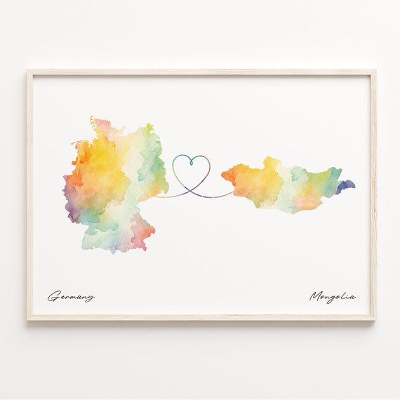 Germany To Mongolia Watercolor Map Heart Connection Art Print