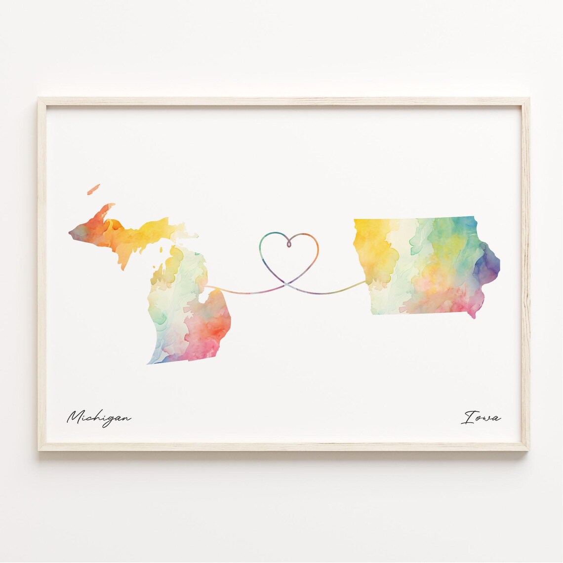 Michigan To Iowa Watercolor Map Travel Poster