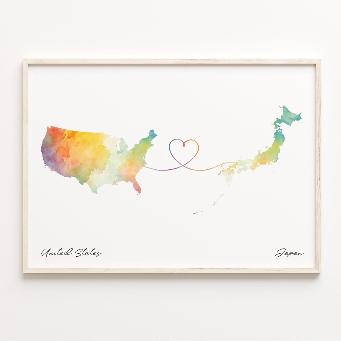 Us To Japan Watercolor Map Poster, Travel Print