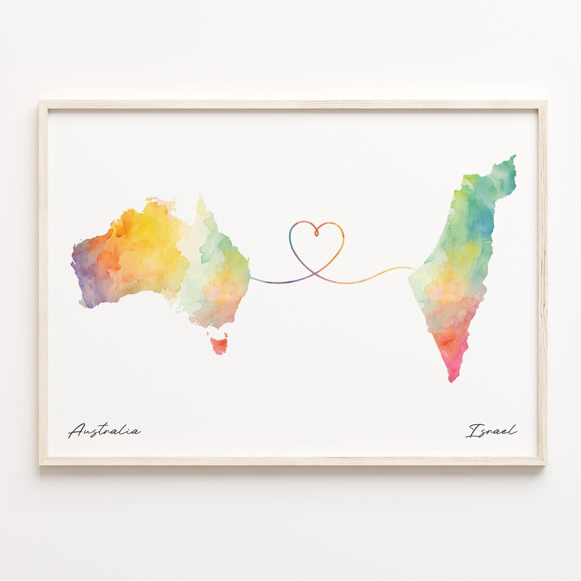 Australia To Israel Long Distance Love Watercolor Country Map Print