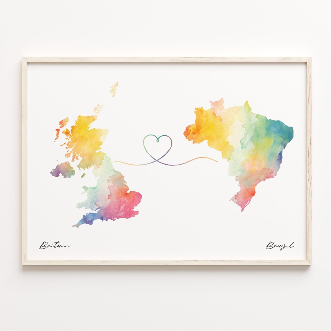 UK to Brazil Watercolor Map Poster, Travel Art