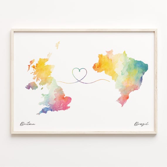 UK to Brazil Watercolor Map Poster, Travel Art