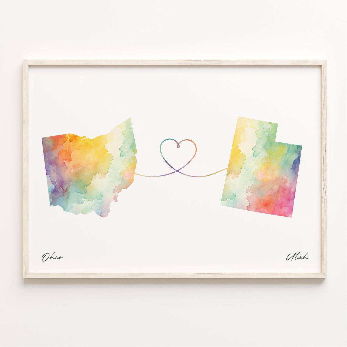 Ohio To Utah Watercolor Map Heart Long Distance Love Art Print