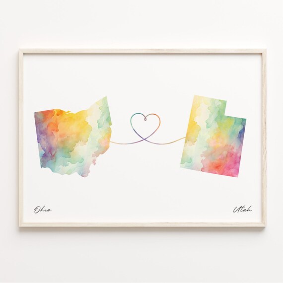 Ohio To Utah Watercolor Map Heart Long Distance Love Art Print