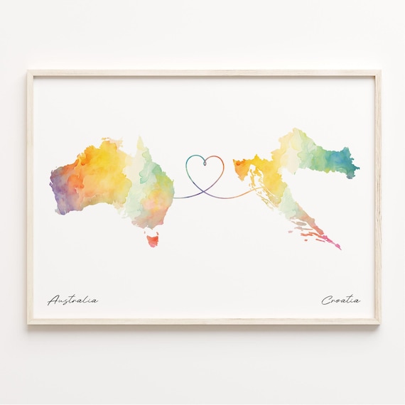 Australia to Croatia Watercolor Heart Connection Heritage Love Map Poster
