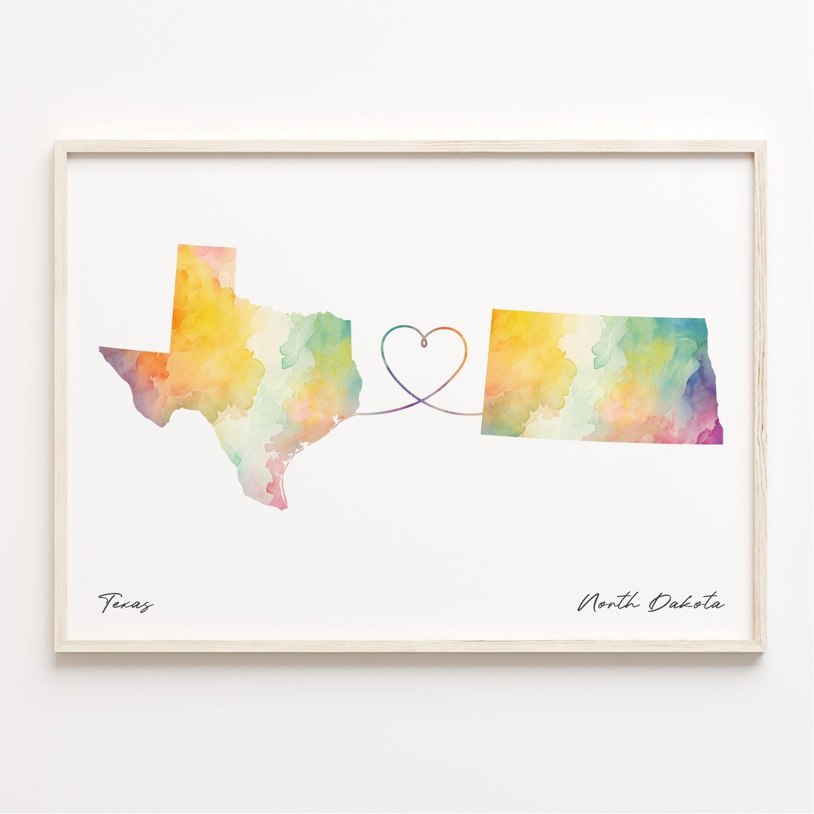 Texas To North Dakota Watercolor Heart Line Long Distance Map Gift Print