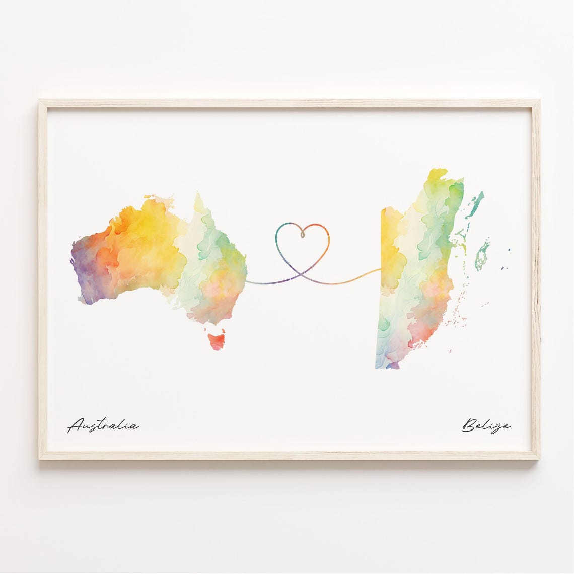 Australia Belize Watercolor Long Distance Heart Map Art Poster